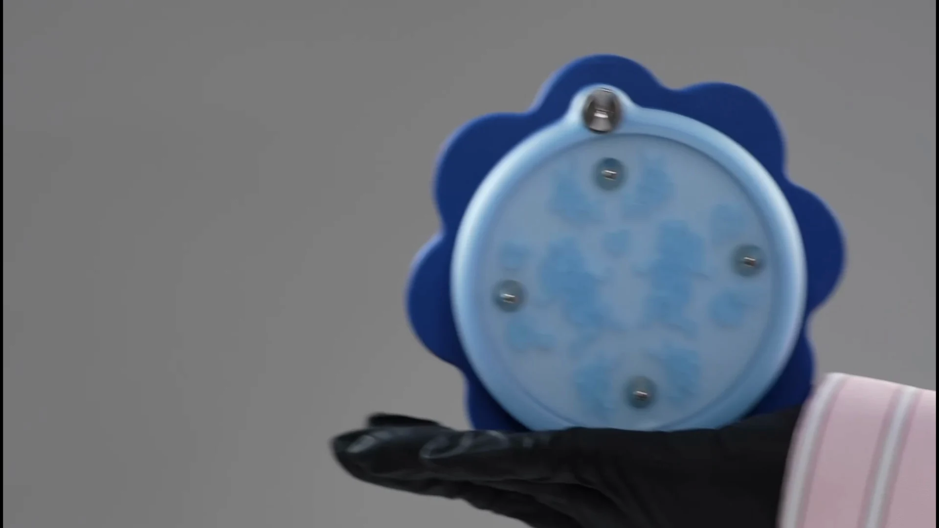A blue flower-shaped Recomposition Apparatus rests on a black-gloved hand.
